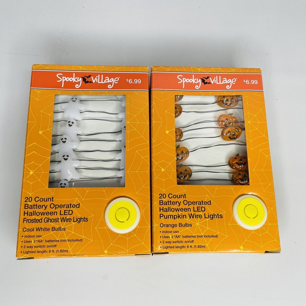 2 pks Spooky Village LED String Lights 1 Pumpkin 1 White Ghosts Black Wire